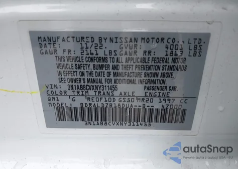 2022 Nissan Sentra Sv Xtronic Cvt z USA, uszkodzony, nr VIN 3N1AB8CVXNY311455